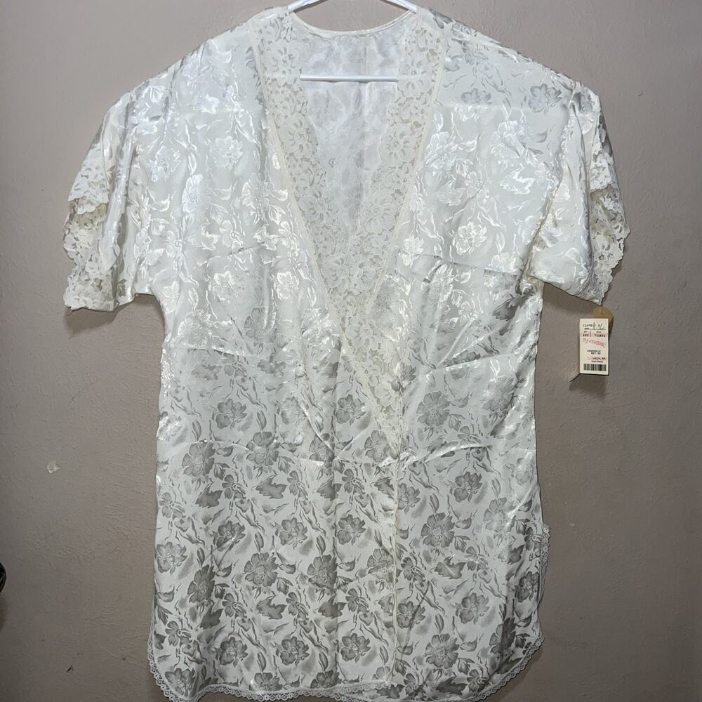 Vintage Ivory Nightgown Val Mode L Lace Satin Jacquard Nightshirt Shabby Chic